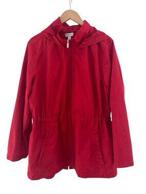 Susan Graver Red Hooded Packable Rain Windbreaker Jacket Zip Pockets Size XL